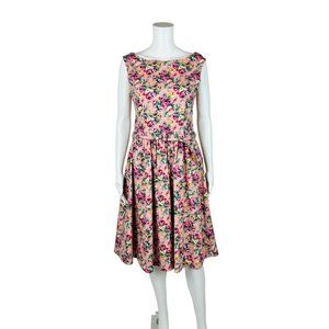 Lindy Bop Dress Women's Large Pink Floral Belted Fit & Flare Retro 1950s Style